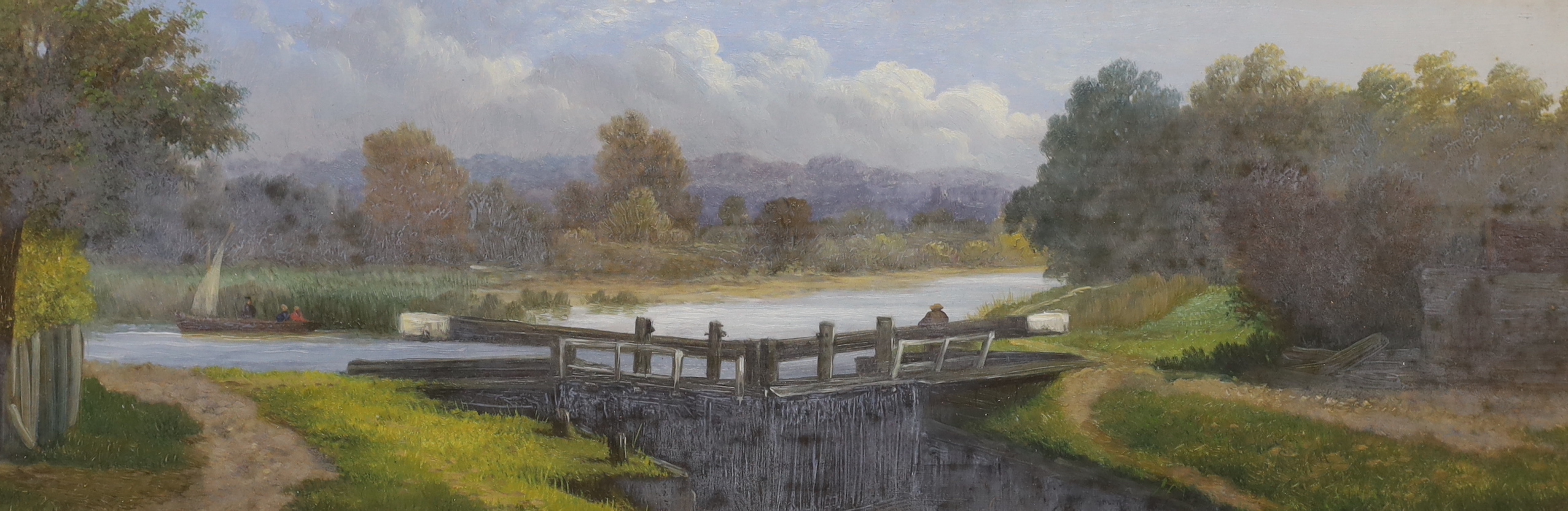 English School circa 1900, pair of oils on board, Canal scenes, indistinctly monogrammed, each 35 x 12cm